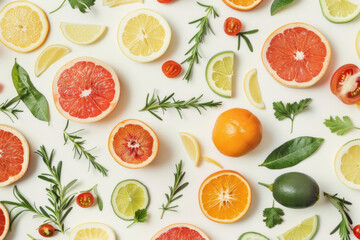 Citruss and limes surrounded by fresh green herbs, vibrant colors contrast against a white background, creating a refreshing and appealing display.