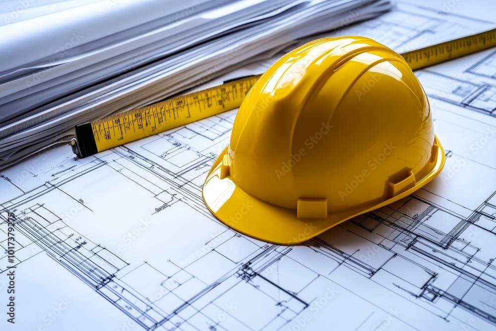 Poster Yellow construction hard hat resting on blueprints with a measuring tape.