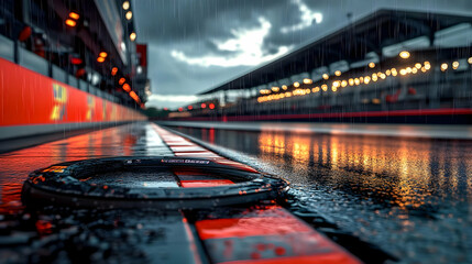 Rain-soaked racetrack with pit lane and cloudy skies.
