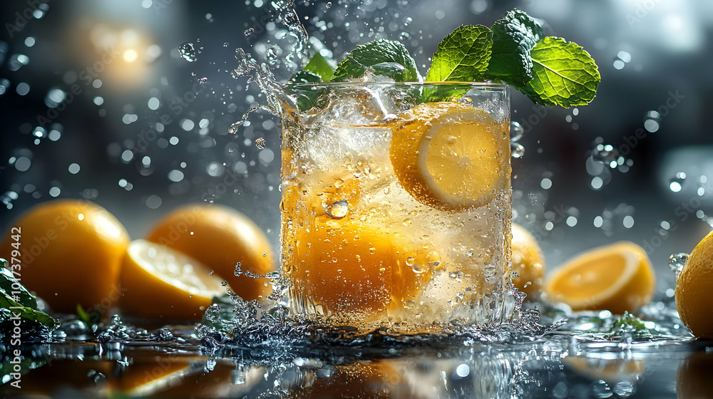 Poster refreshing drink splashing with lemon and mint in a vibrant setting.