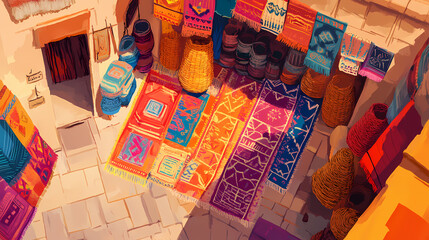 Obraz premium An overhead shot of a moroccan souk, with stalls piled high with colorful berber rugs and woven baskets. abstract backgrounds illustration, minimalism,. Moroccan Souk. Illustration