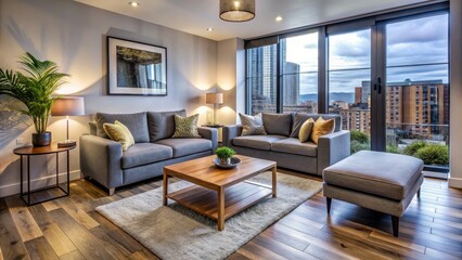 Fototapeta premium A chic fitted furniture set enhances this modern Manchester apartment's living room, establishing a warm atmosphere ideal for comfort, gatherings, and stylish living.