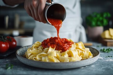 An overhead shot of a chef  hand pouring a rich tomato sauce over freshly made pasta in a chic kitchen setting.