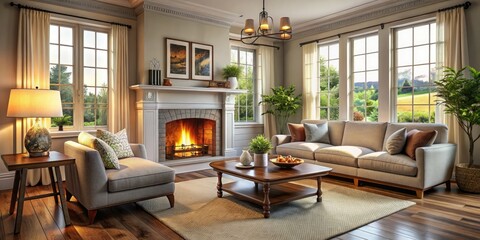 Fototapeta premium A charming living room boasts a fireplace, two windows, and elegant furniture arrangement ideas, fostering a warm, cozy space ideal for enjoying time with loved ones.