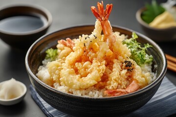 Tempura Shrimp Donburi with Rice and Sesame Seeds