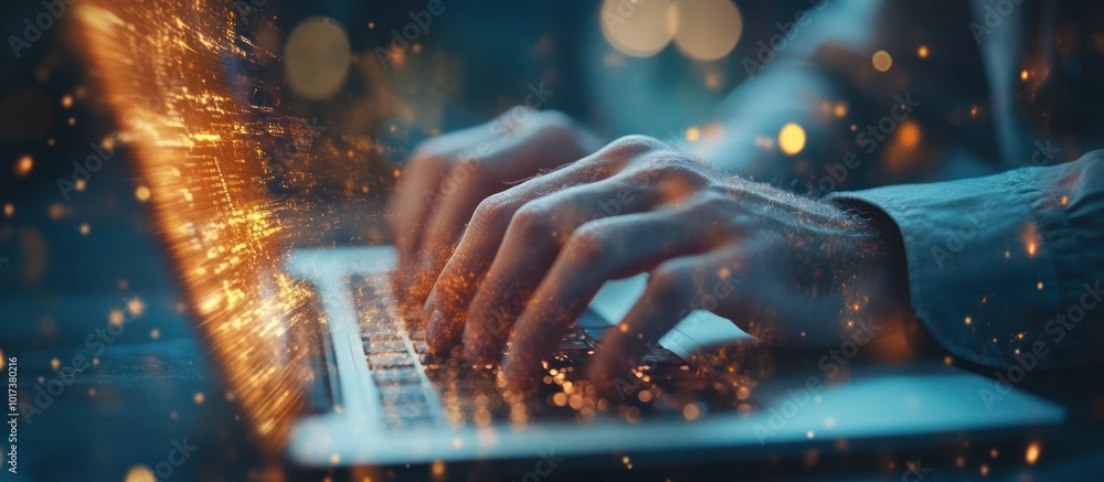 Poster Close up of hands typing on laptop keyboard with sparkling lights and bokeh effect.