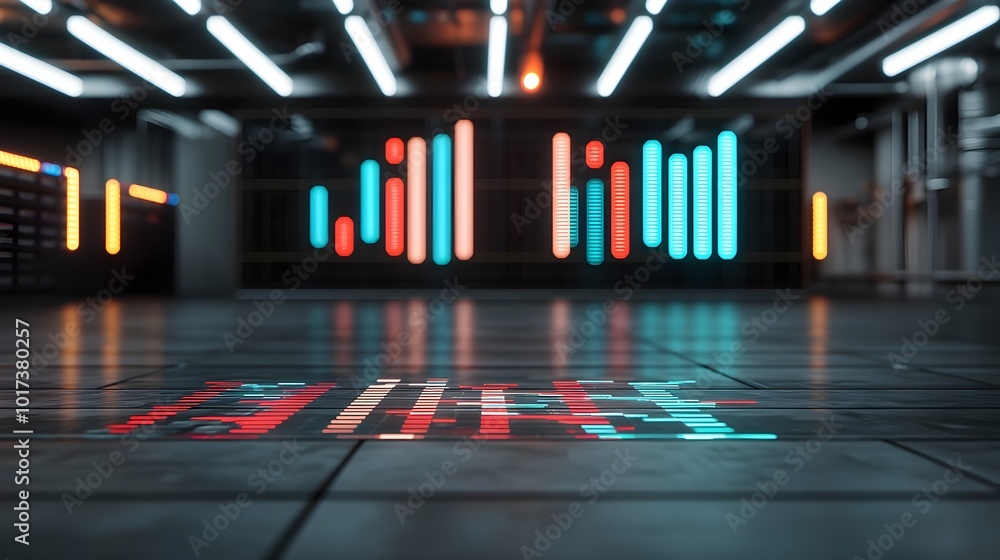 Poster futuristic financial graphs augmented reality holograms and neon glow analytics displayed in a high 