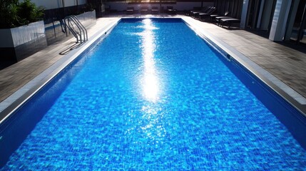 An swimming pool with bright blue water reflecting the sun, surrounded by clean, modern tiles and a pristine deck.