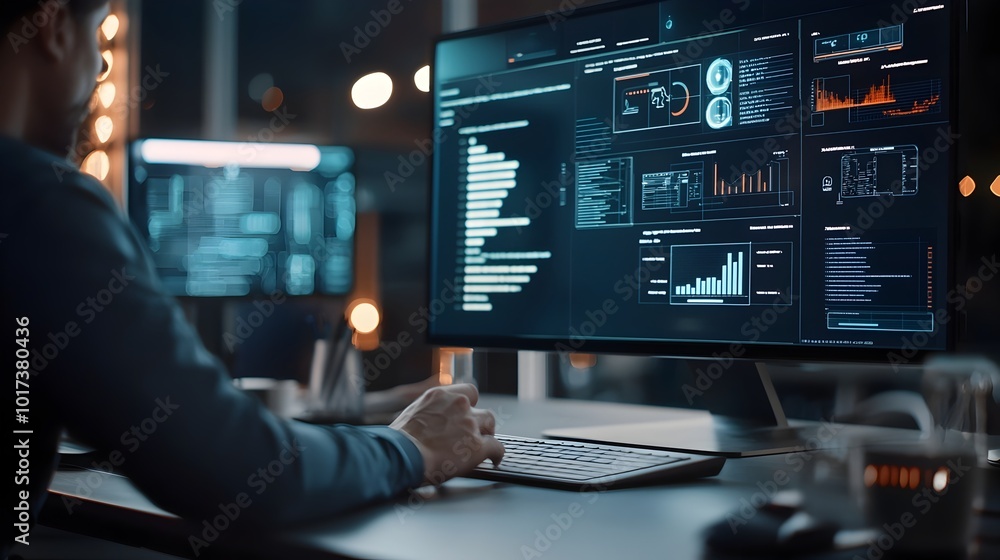 Poster futuristic business meeting with floating holographic data displays and advanced digital interaction