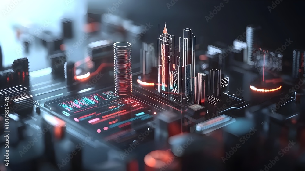 Poster augmented corporate presentation with glowing holographic business analytics elements digital techno