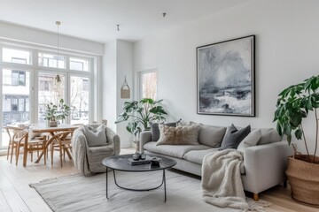 Fototapeta premium Modern living room with gray sofa, abstract painting, and potted plants.