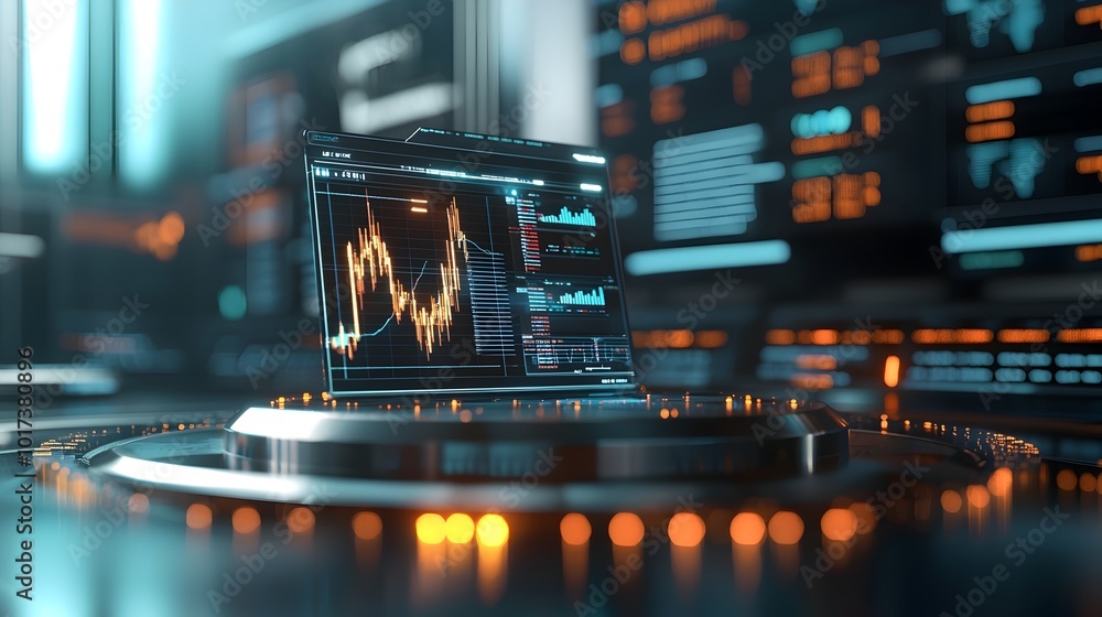 Poster futuristic hologram exchange with virtual financial graphs data analytics and trading floor on a dar