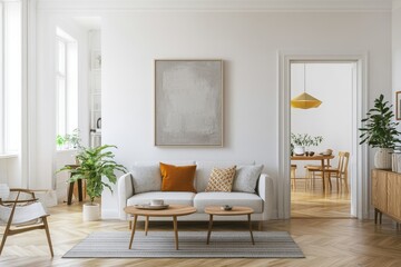 Fototapeta premium A modern living room with a gray couch, two wooden coffee tables, a rug and a doorway leading to a dining room.