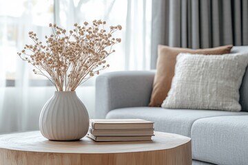 A close-up shot of a wooden coffee table with a white vase, dried flowers, and a stack of books on top of it. The table is in front of a couch with two pillows on it.