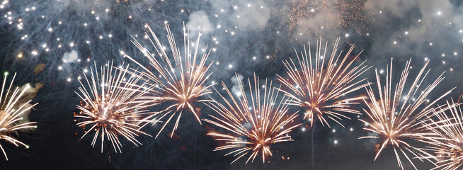 Banner blue Firework celebrate anniversary happy new year 2024, 4th of july holiday festival. Banner blue firework night celebrate national holiday. Countdown new year 2025 festival with copy space