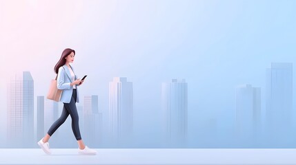 Flat design of a young professional businesswoman walking in an urban city setting smartphone in hand reflecting a fast paced tech savvy and career driven lifestyle