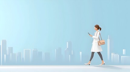 Efficient and confident businesswoman on the go smartphone in hand against a backdrop of a modern city skyline in a flat design the fast paced technology driven corporate lifestyle