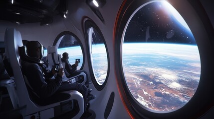 A group of space tourists floating outside the atmosphere in a commercial space flight, taking photos of Earth and the vastness of space through large transparent windows.