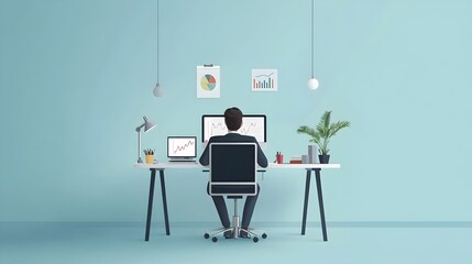 Executive analyzing global market trends and financial data at desk in modern flat design business Corporate professional researching economic insights and making strategic decisions