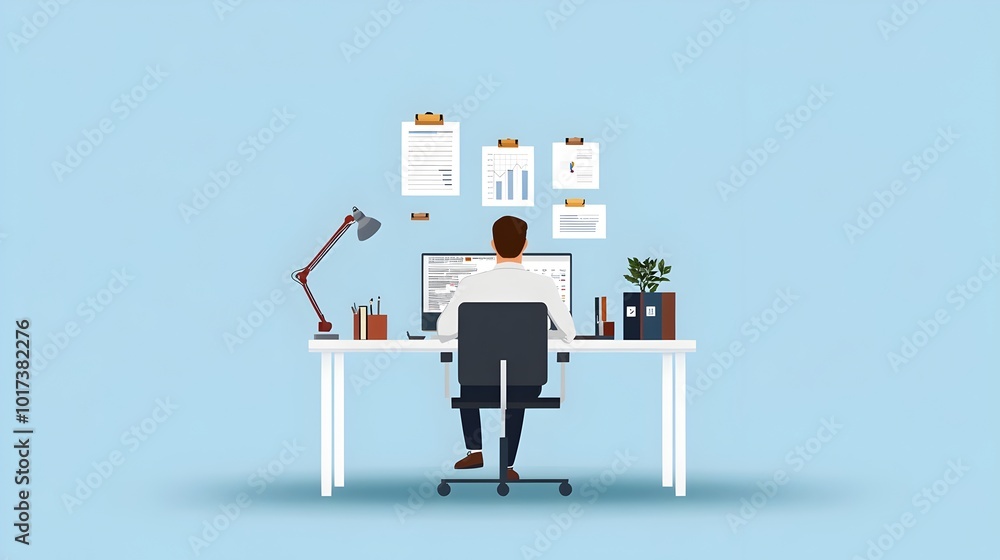 Poster ceo or business executive reviewing annual financial report with visualized data analytics and infog