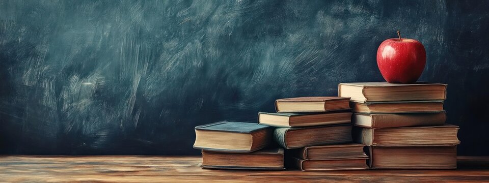 a stack of books with a red apple on top