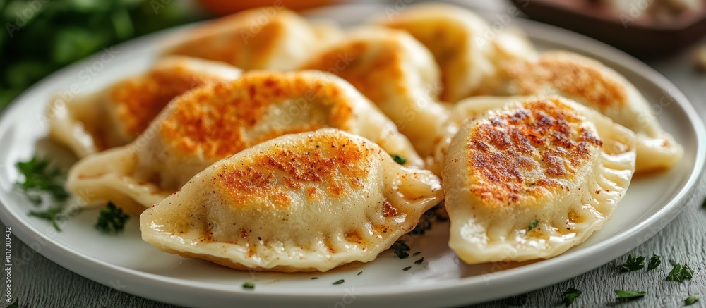 Wall mural Close-up of golden brown dumplings with parsley on a white plate.