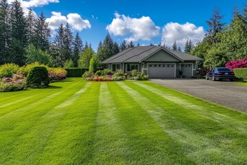 Naklejka premium A green lawn with striped patterns leading up to a gray house with a garage door and a car parked in the driveway.