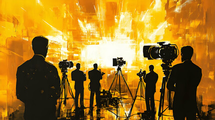 Silhouetted figures with cameras against a bright, abstract background.