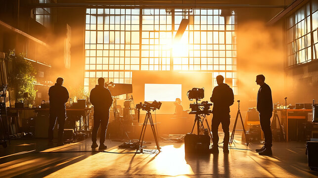 Silhouetted figures in a sunlit studio with film equipment.