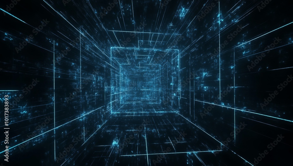 Poster abstract glowing blue lines and squares forming a digital tunnel in a dark background.