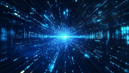 Abstract blue digital data stream tunnel with bright light at the end.