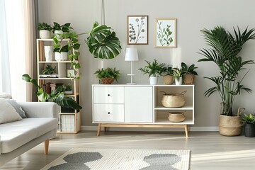 Interior of living room with commode, shelf units and plants