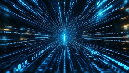 Obraz premium Blue digital code streams converge at center, creating a futuristic, abstract tunnel with data in focus.