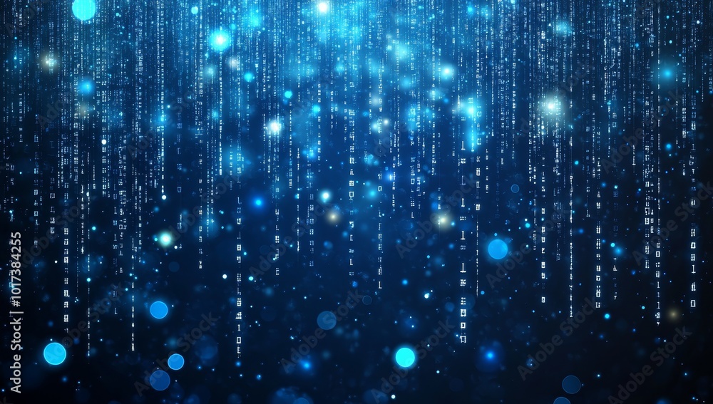 Poster Abstract blue background with white digital code and bokeh lights.