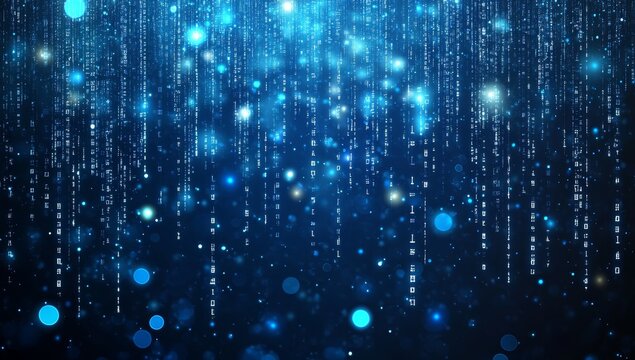 Abstract blue background with white digital code and bokeh lights.