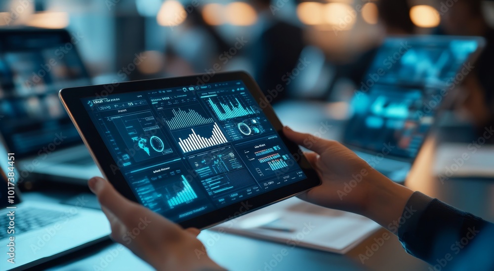 Poster Close-up of a person's hands holding a tablet displaying charts and data, a laptop in the background.