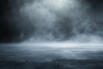 A dark, moody background with fog rolling in over a concrete floor.