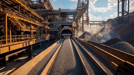 A modern iron pelletizing plant where raw iron ore is being transformed into small, uniform pellets for smelting, with furnaces and cooling systems operating simultaneously.