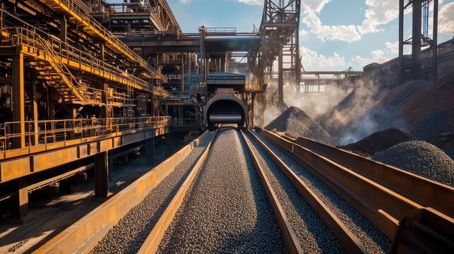 A modern iron pelletizing plant where raw iron ore is being transformed into small, uniform pellets for smelting, with furnaces and cooling systems operating simultaneously.