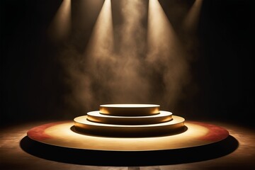 Obraz premium A spotlight shines on a dark round stage with golden materials