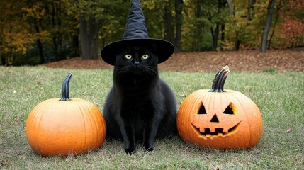 A charming black cat wearing a classic witch's black hat, perfectly embodying the spirit of Halloween. Sitting among vibrant autumn leaves in a picturesque park, 
