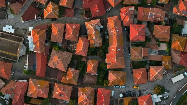 Aerial drone view of the old town Nessebar, Bulgaria at sunset
