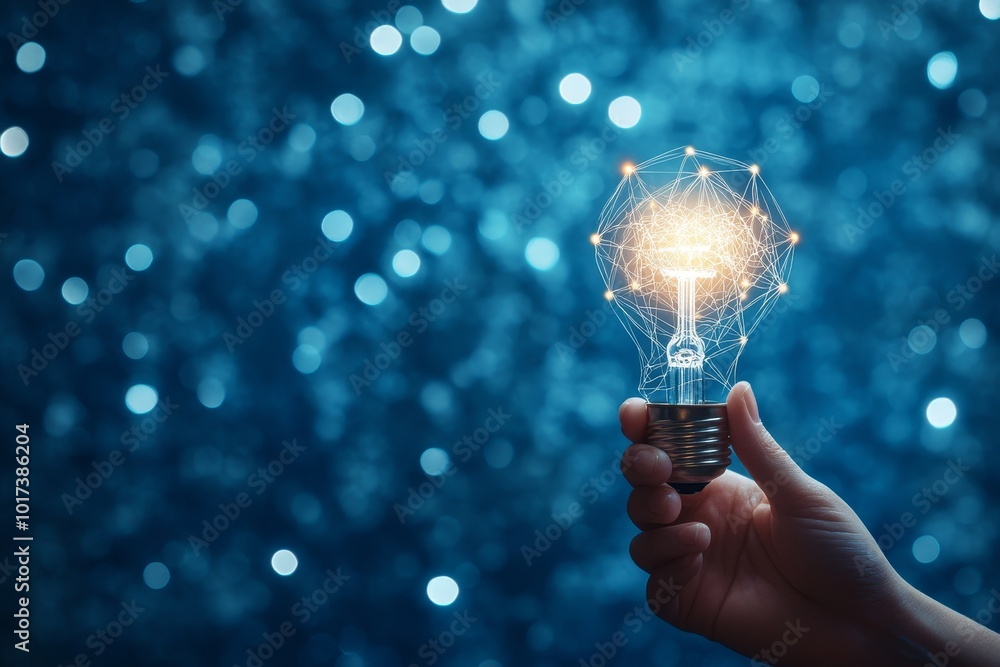 Poster A hand holding a glowing lightbulb with a network of lines and dots inside, against a blue bokeh background.