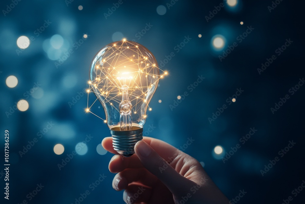 Poster Hand holding a glowing lightbulb with a network of lines and dots inside on a blue background.
