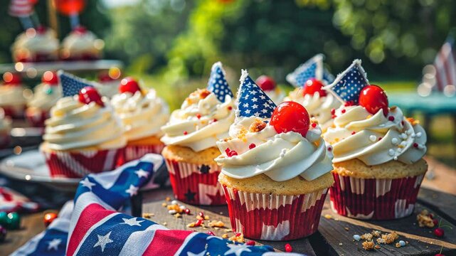 Patriotic cupcakes topped with cherries and mini American flags are ready for a summer celebration