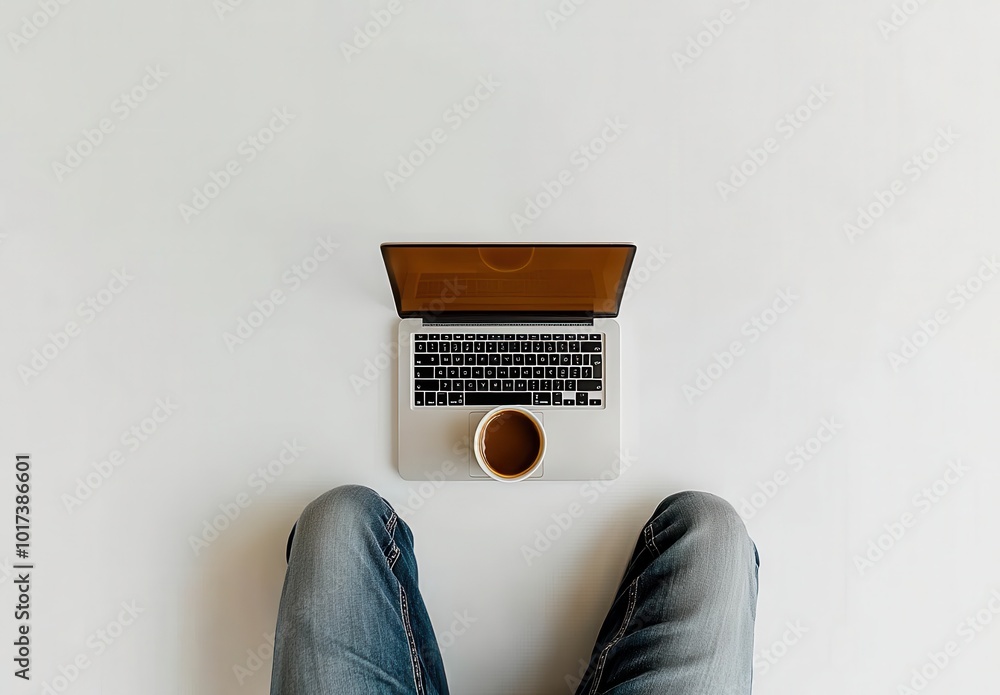 Poster a man sits at his desk with an open laptop in front of him, captured in a top-down, flat lay photogr