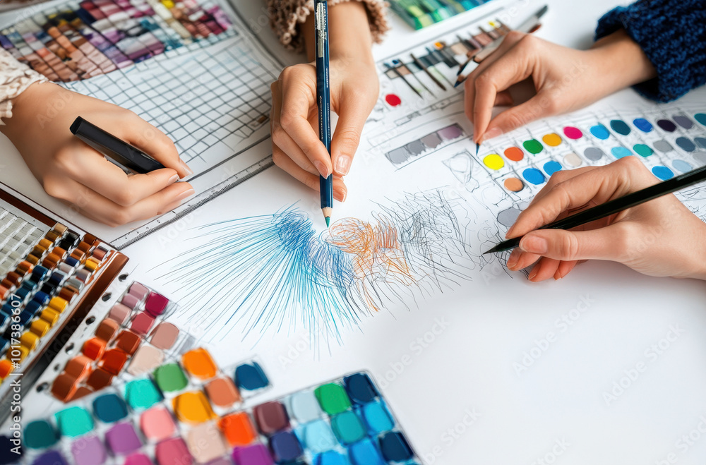 Poster a group of designers working together on a graphic design project, using color swatches and drawing 