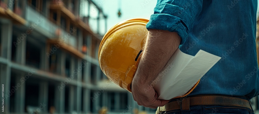 Poster construction worker holding a yellow hard hat and blueprints with a building under construction in t