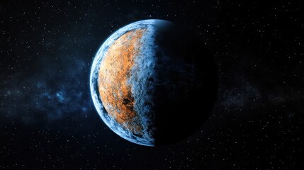 Obraz premium A panoramic view of a tidally locked planet from space, showing the stark division between its day and night sides, with atmospheric storms marking the transition zone between the two.