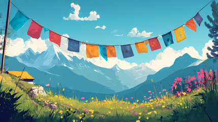 Buddhist prayer flags. Tibetan Prayer Flags. Illustration